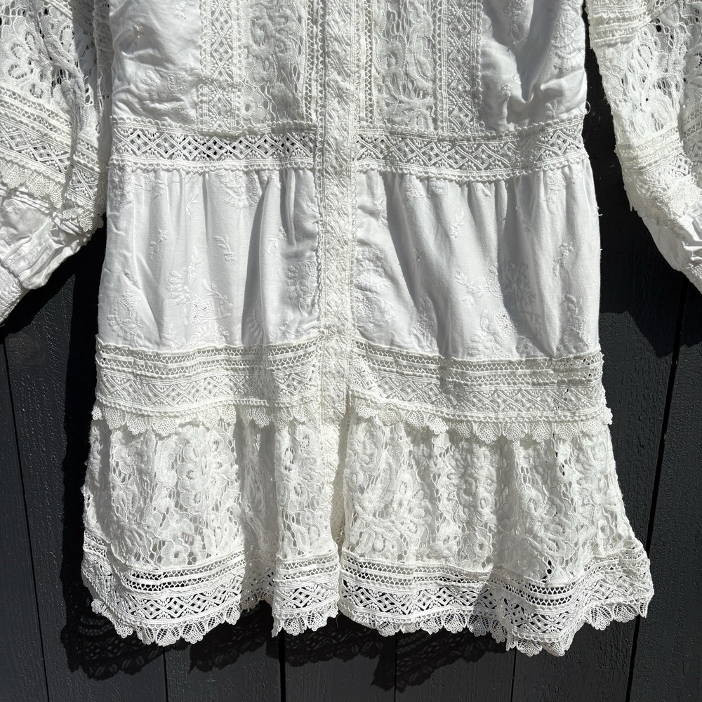 Alice + Olivia Cailin Tunic Tiered Mini Dress L Cottage Boho Lace Embroidered - Picture 4 of 9